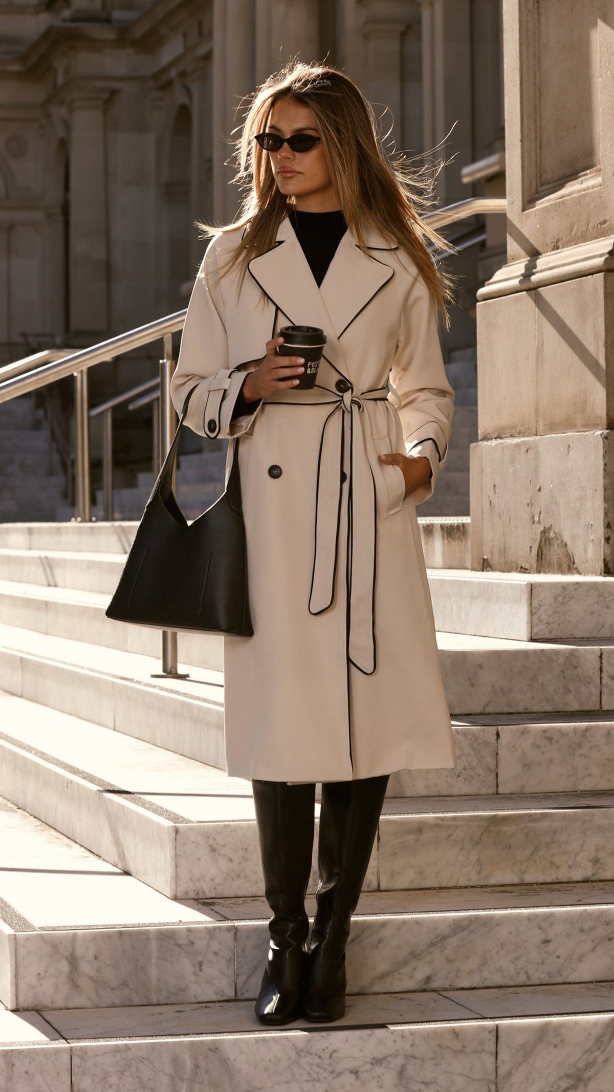 Blanca Oversized Longline Trench Coat with Waist Tie – Beige – view 17