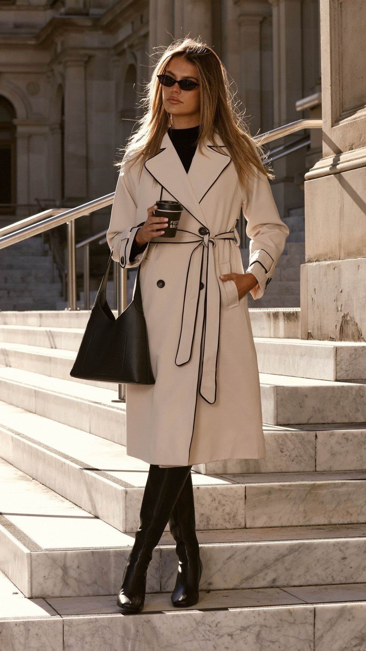 Blanca Oversized Longline Trench Coat with Waist Tie – Beige – view 18