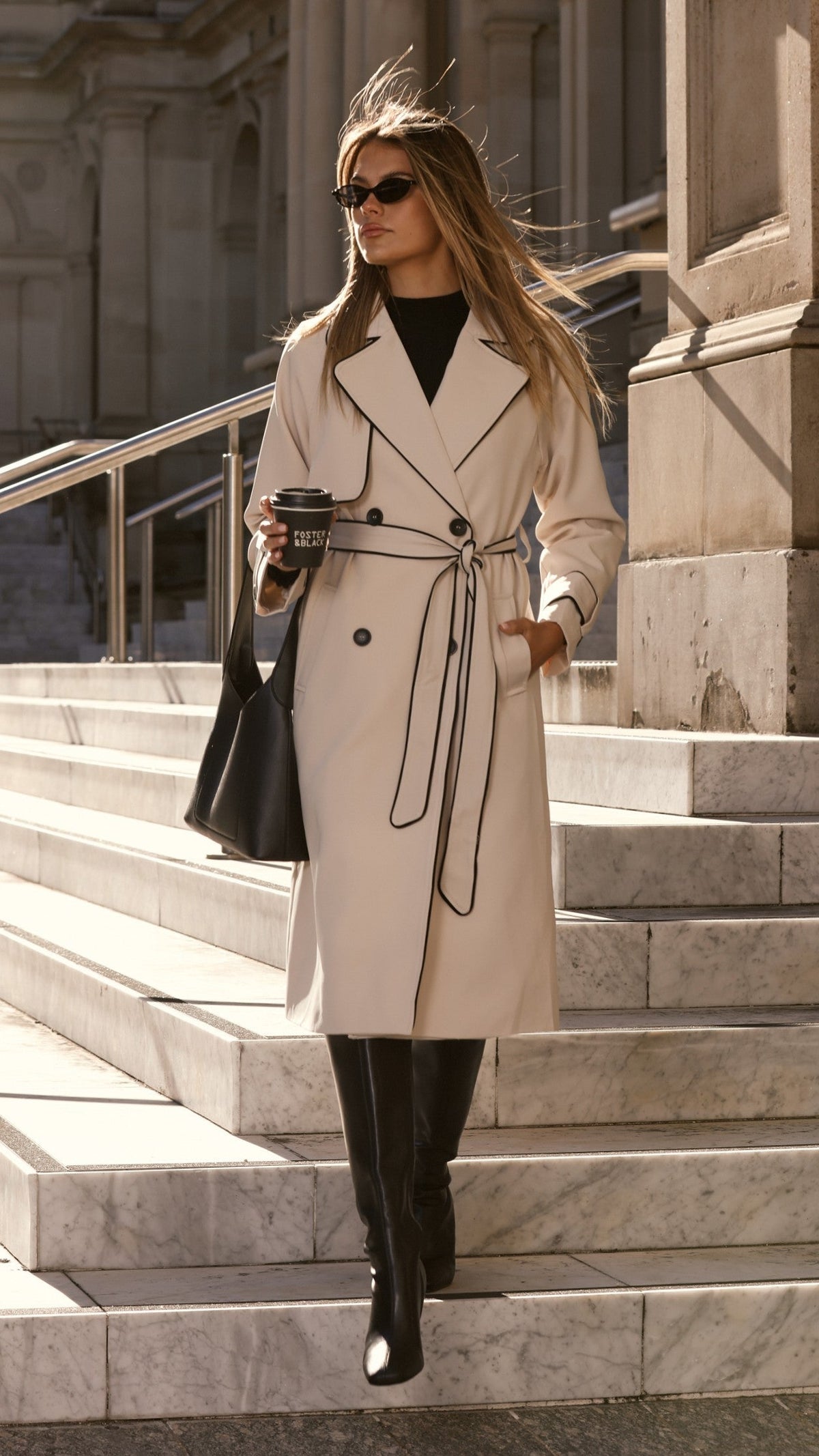 Blanca Oversized Longline Trench Coat with Waist Tie – Beige – view 1