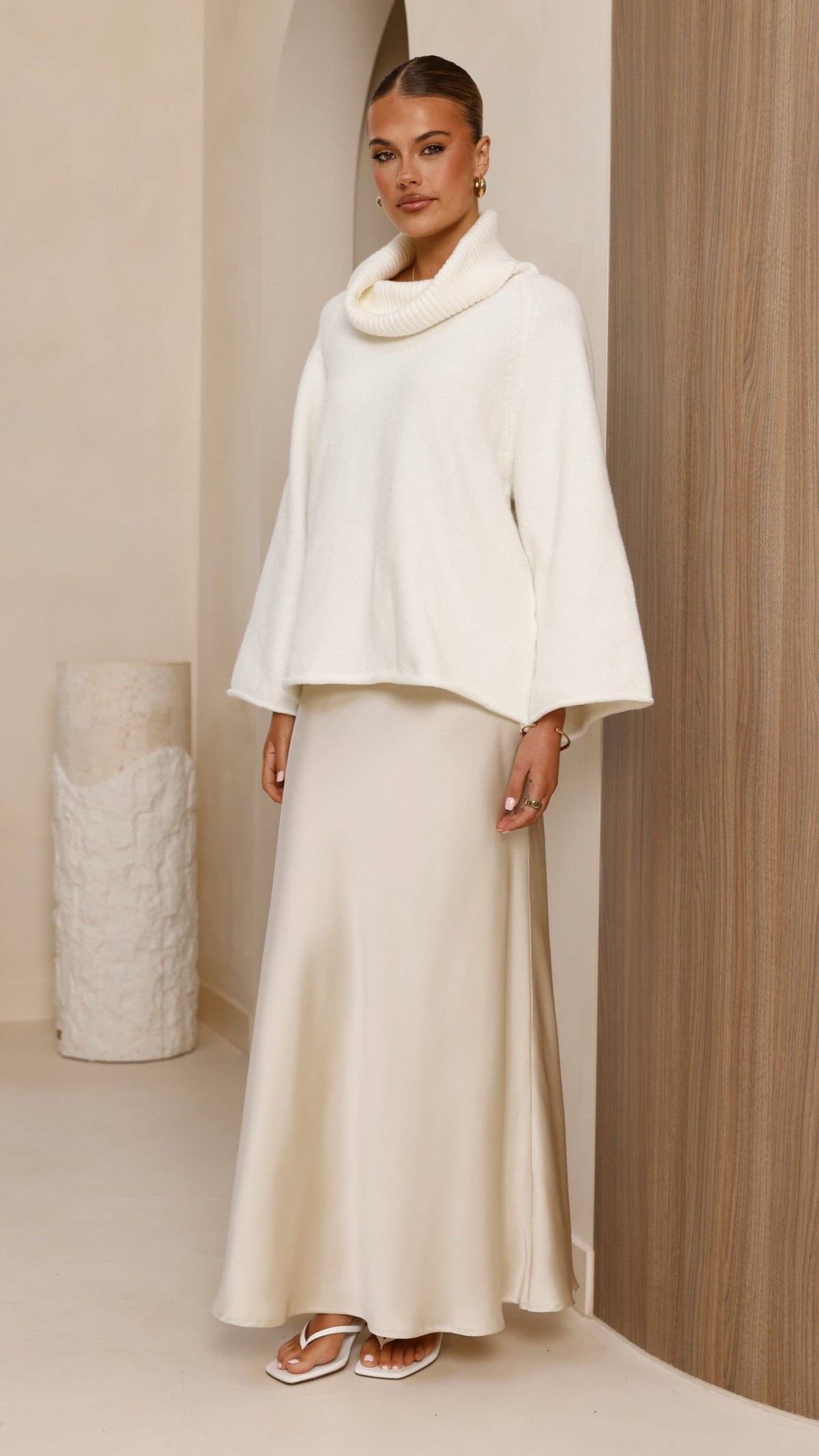 Jacques Ribbed Cowl Neck Wide Sleeve Knit Jumper – White – view 15