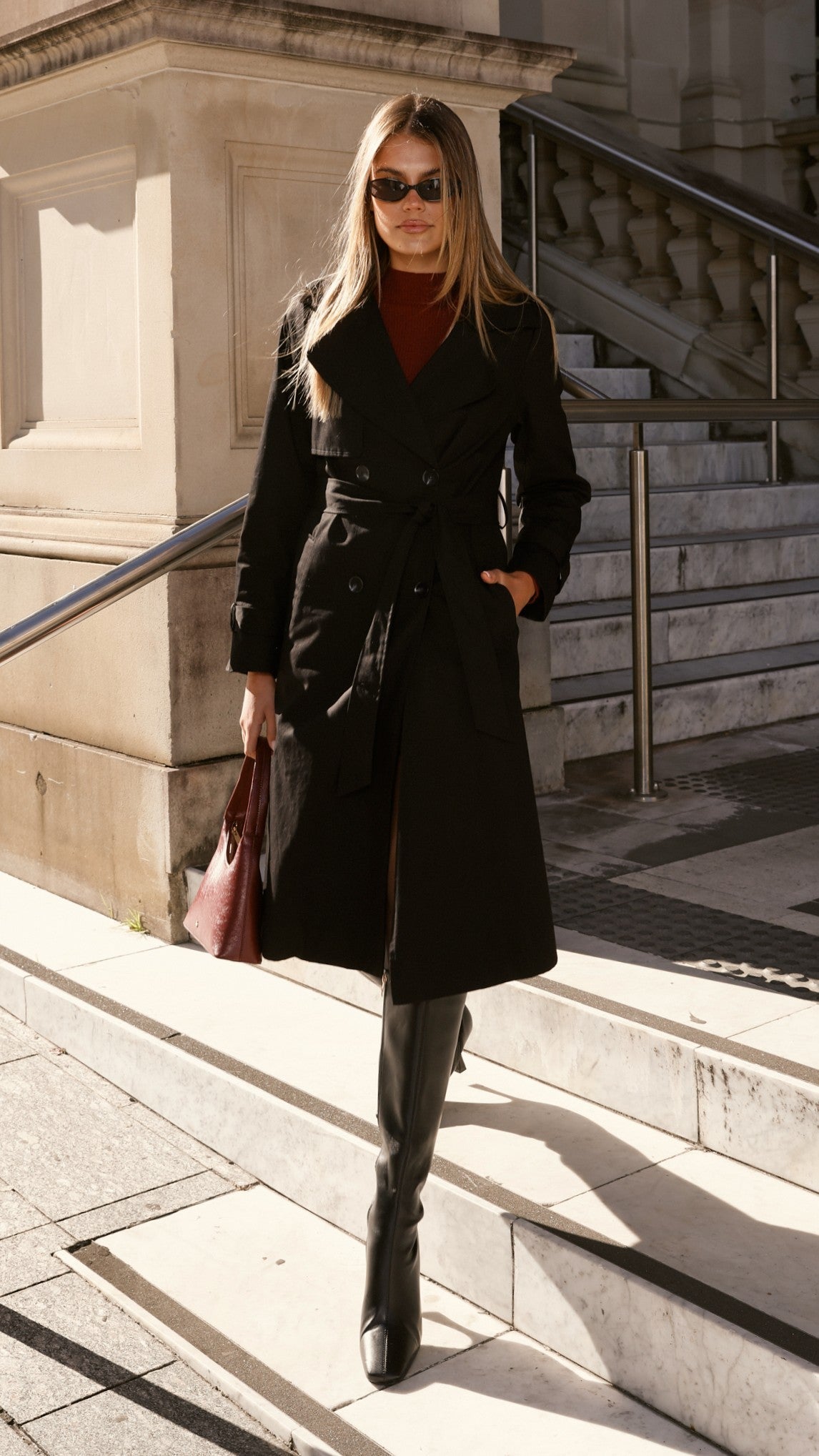 Byron Oversized Longline Cotton Trench Coat with Waist Tie – Black – view 13