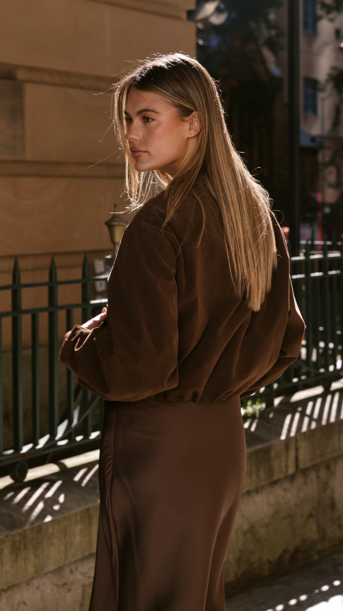 Sloane Suede-Effect Balloon Sleeve Bomber Jacket – Dark Chocolate – view 3