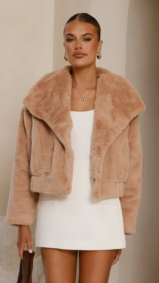 Tulum Cropped Faux Fur Jacket with Elasticated Waist – Camel
