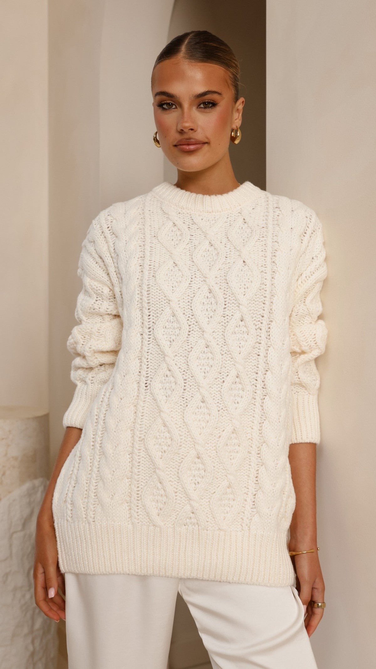 Valentina Cable Knit Soft Stretch Jumper – Cream – view 1
