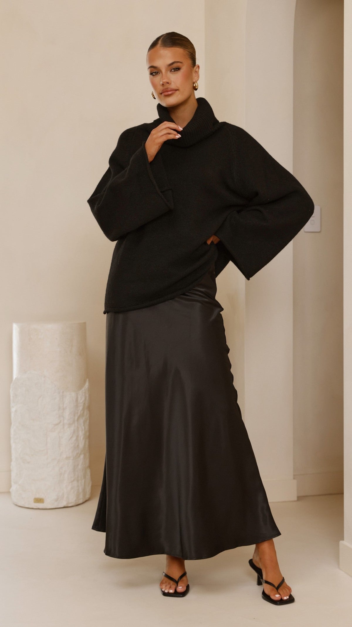 Darina Bias Cut Satin-Feel A-Line Maxi Skirt – Black