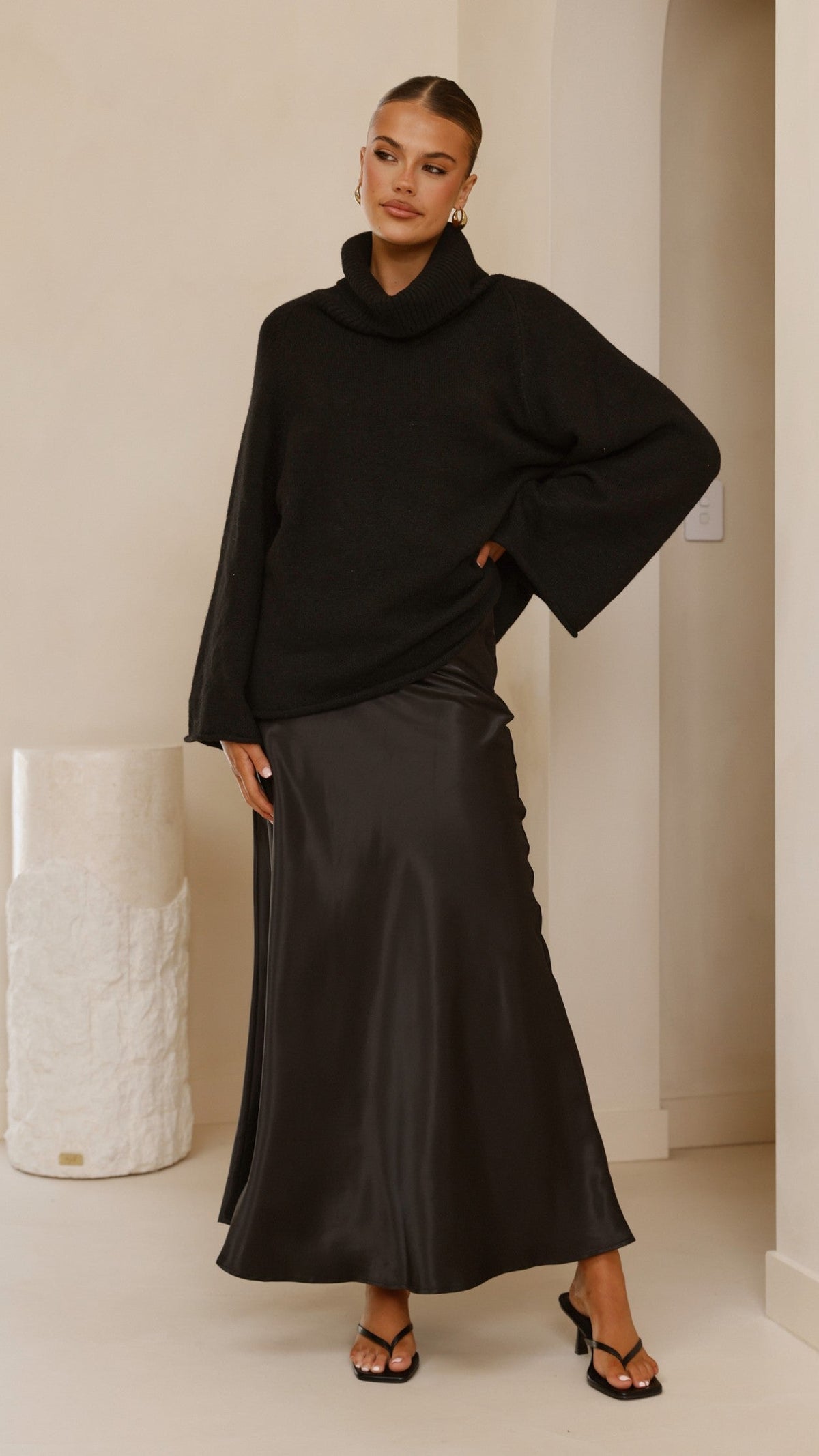 Darina Bias Cut Satin-Feel A-Line Maxi Skirt – Black