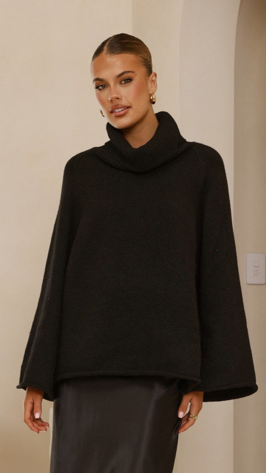 Jacques Ribbed Cowl Neck Wide Sleeve Knit Jumper – Black