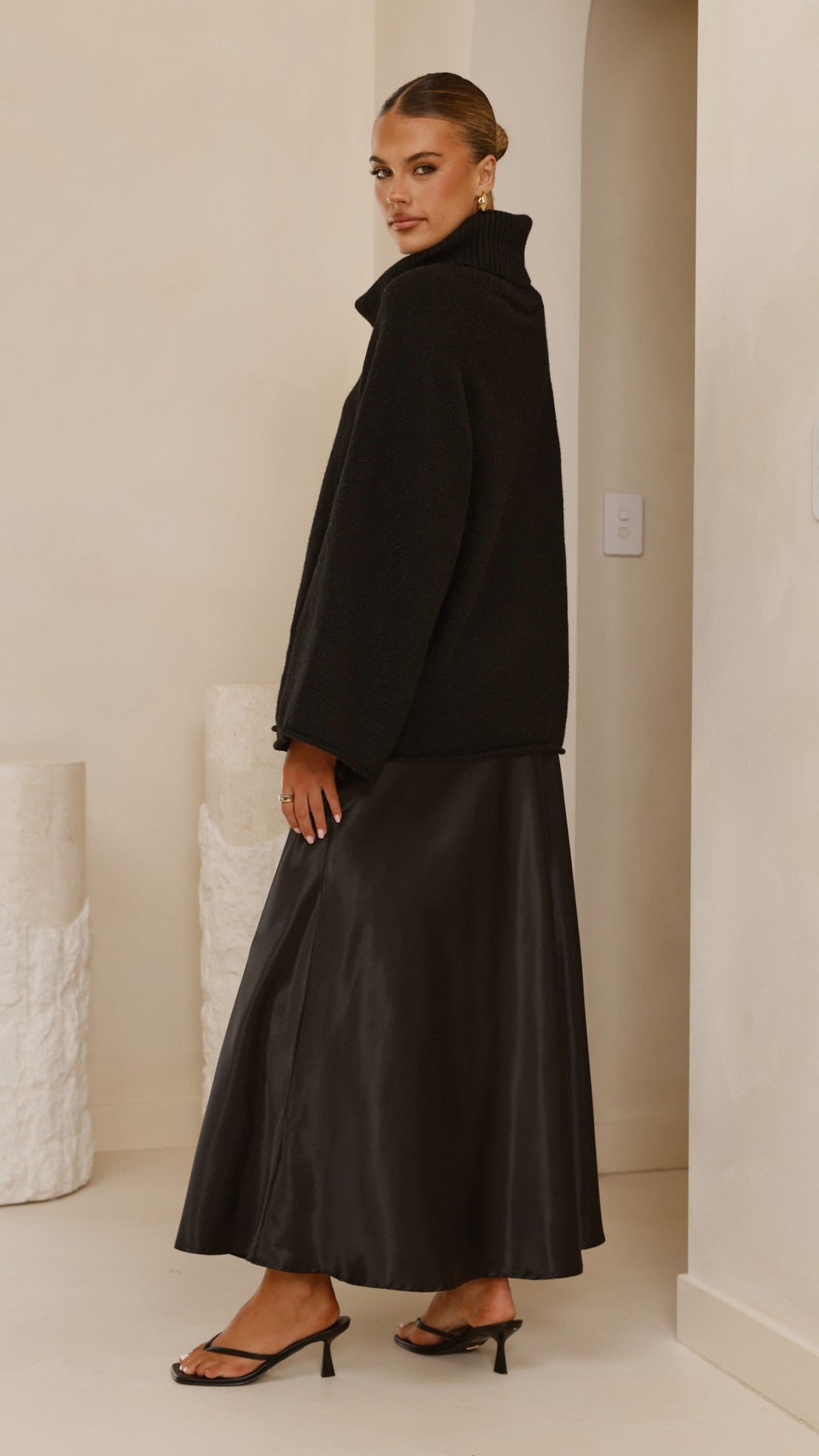 Darina Bias Cut Satin-Feel A-Line Maxi Skirt – Black – view 12