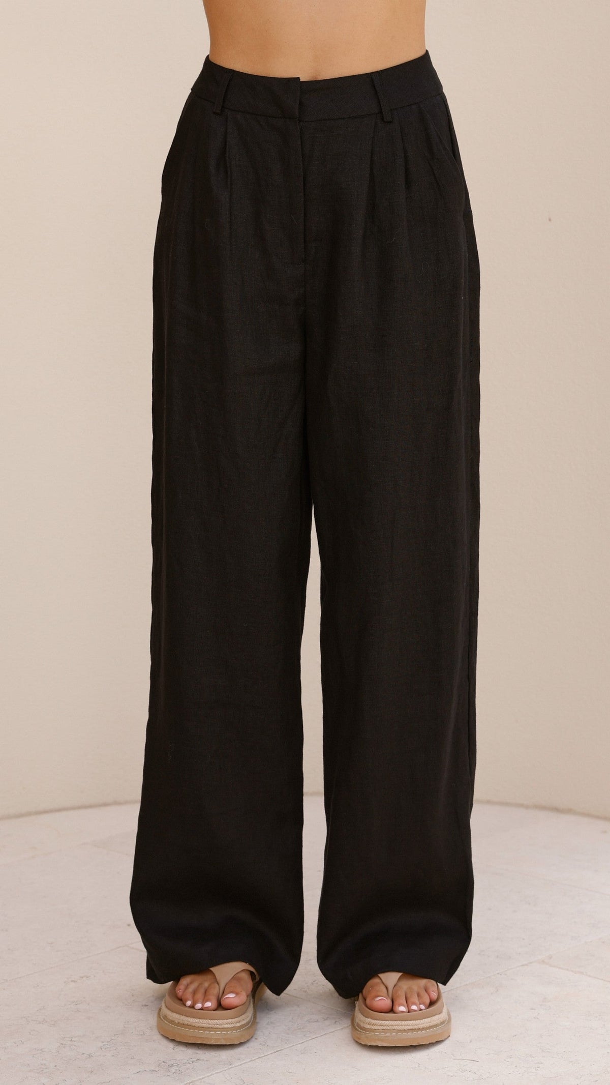 Tillie High Waisted Pleated Tailored Linen Trousers – Black – view 13