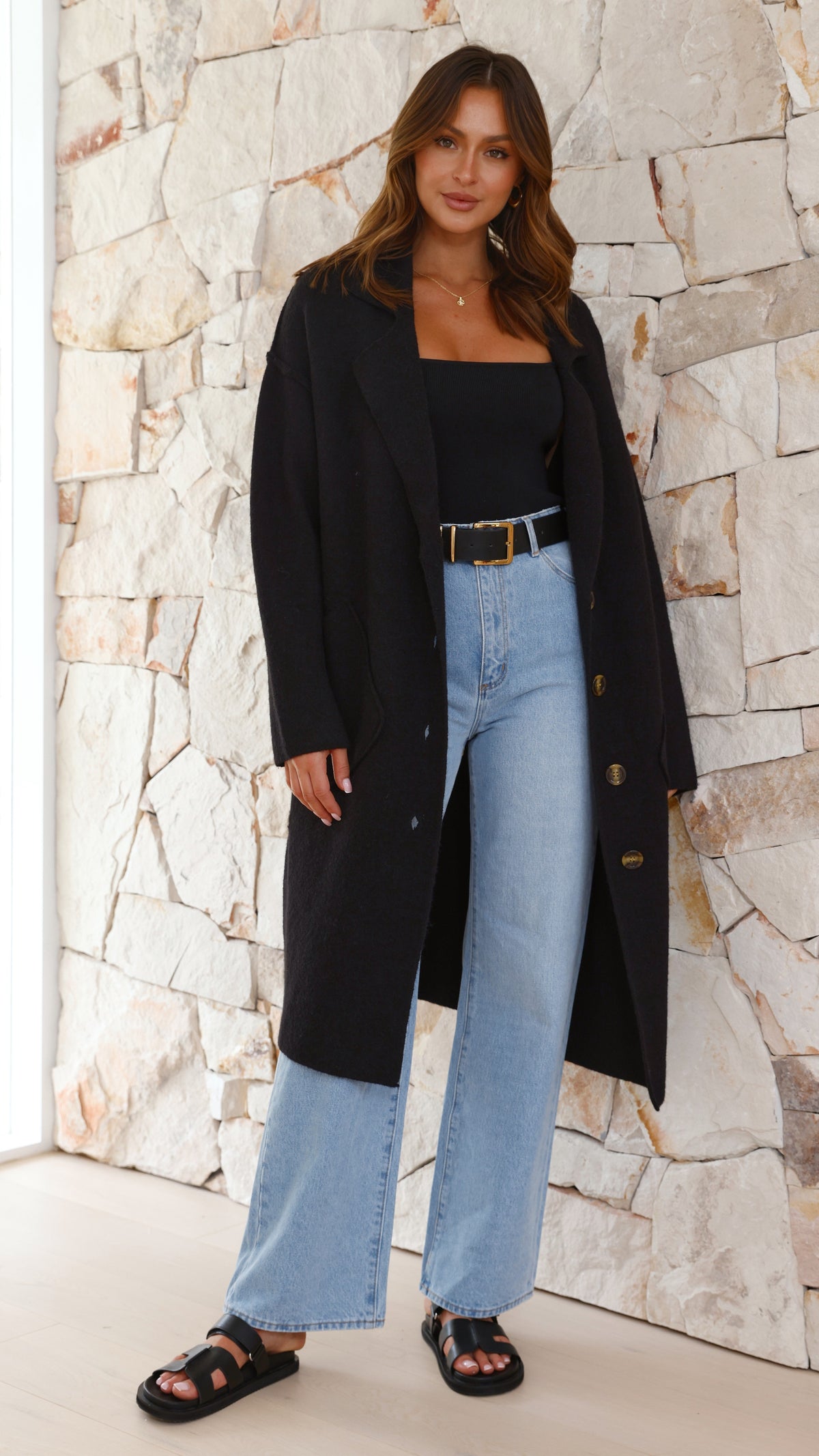 Kacela Collared Wool Blend Knit Button-Up Jacket – Black