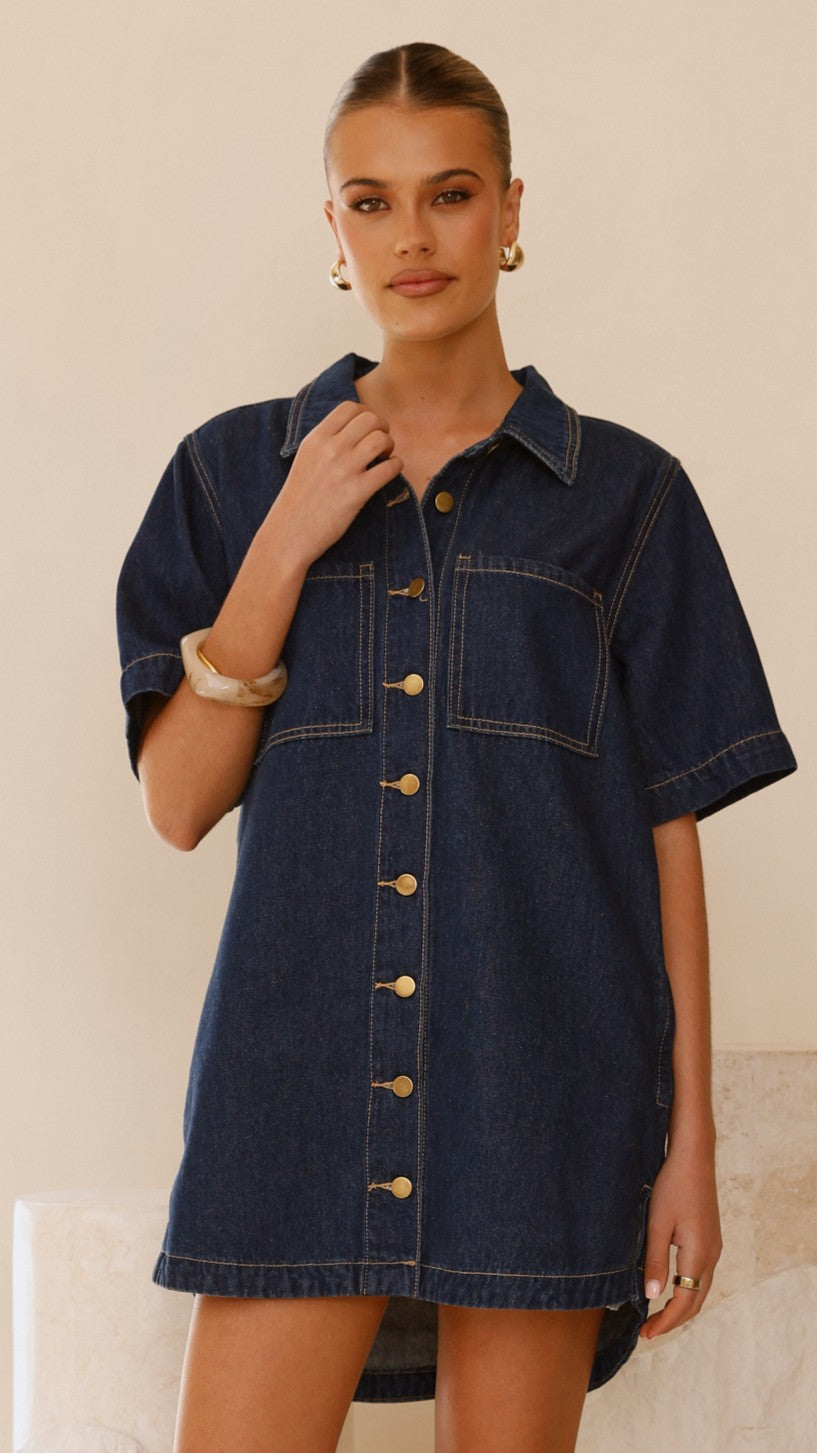 Rayna Button-Down Denim Mini Dress with Bust Pockets – Indigo – view 1