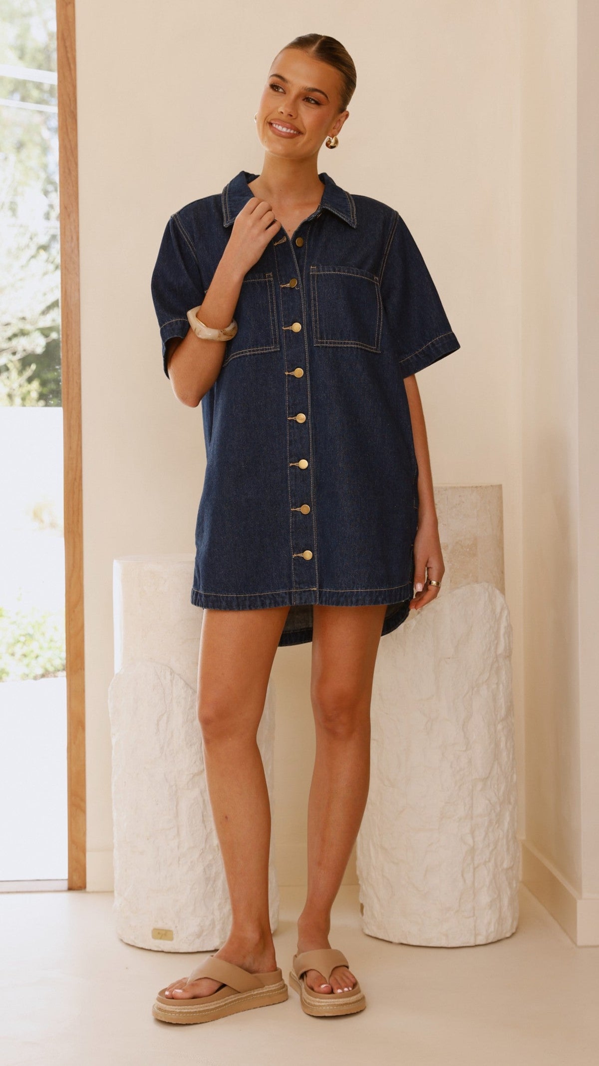 Rayna Button-Down Denim Mini Dress with Bust Pockets – Indigo – view 4