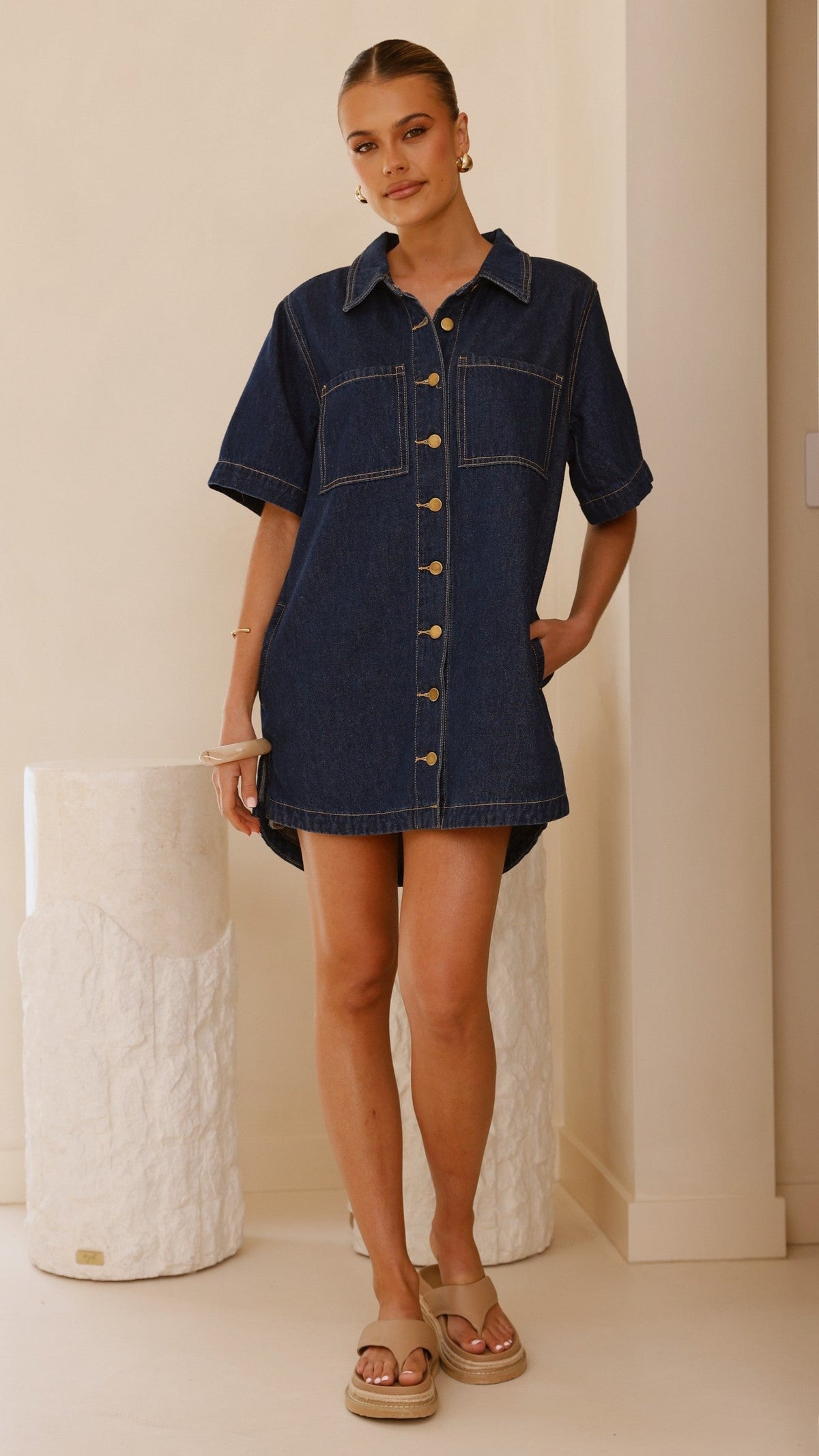 Rayna Button-Down Denim Mini Dress with Bust Pockets – Indigo – view 5