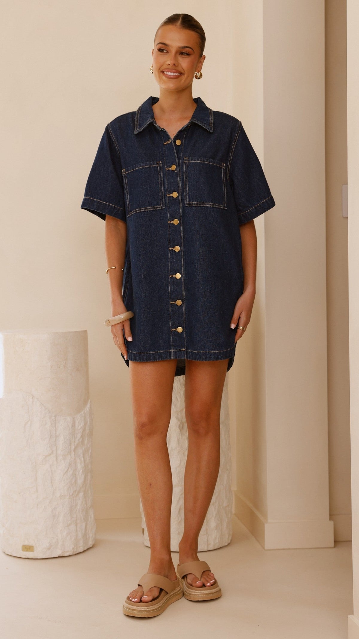 Rayna Button-Down Denim Mini Dress with Bust Pockets – Indigo – view 6