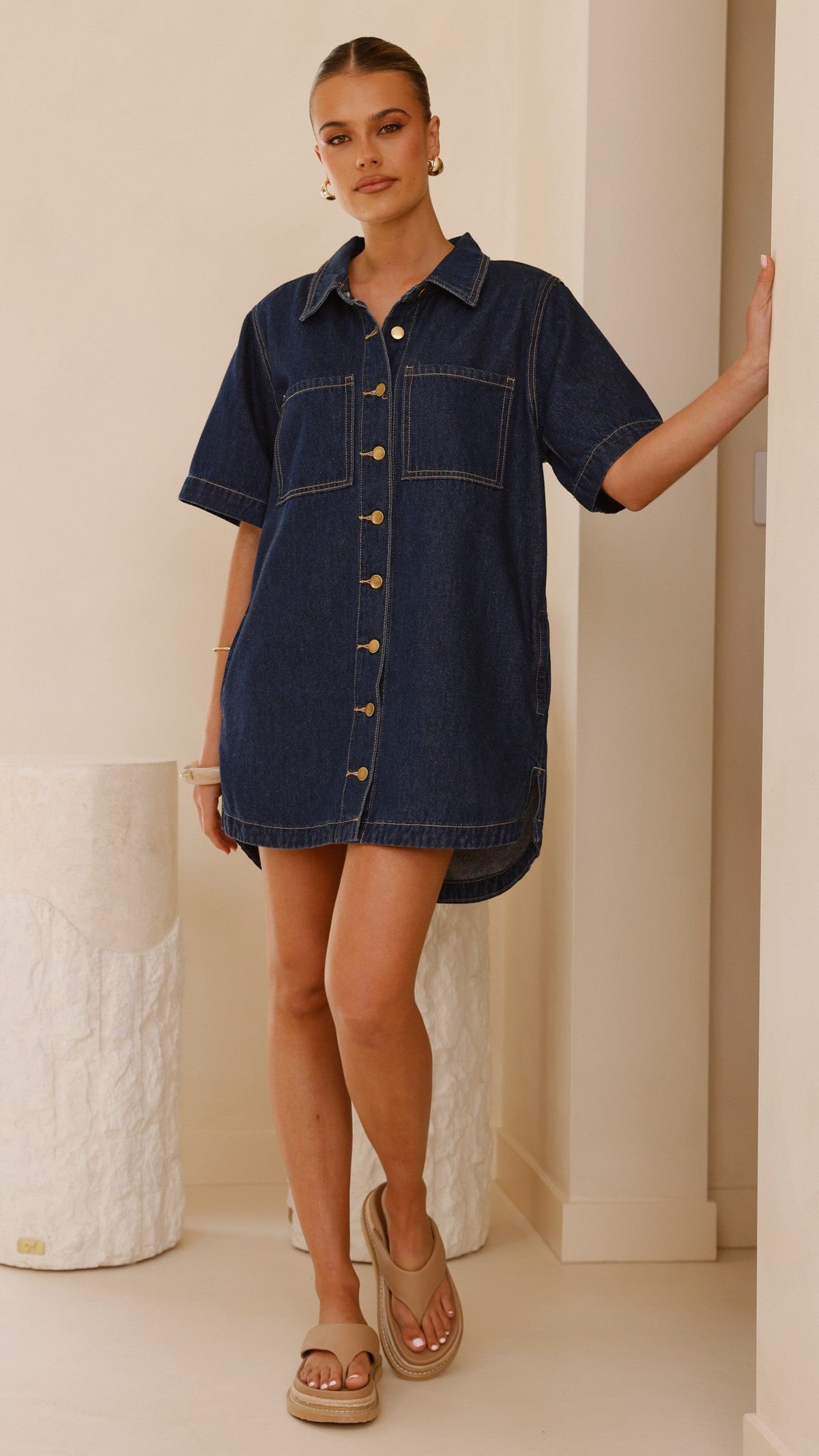 Rayna Button-Down Denim Mini Dress with Bust Pockets – Indigo – view 7