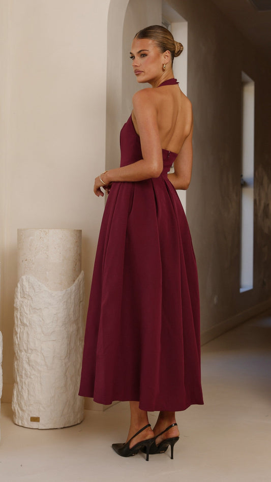Kristen Halter Neck Gathered Waist Maxi Dress with Tulle Underlay – Wine – view 2