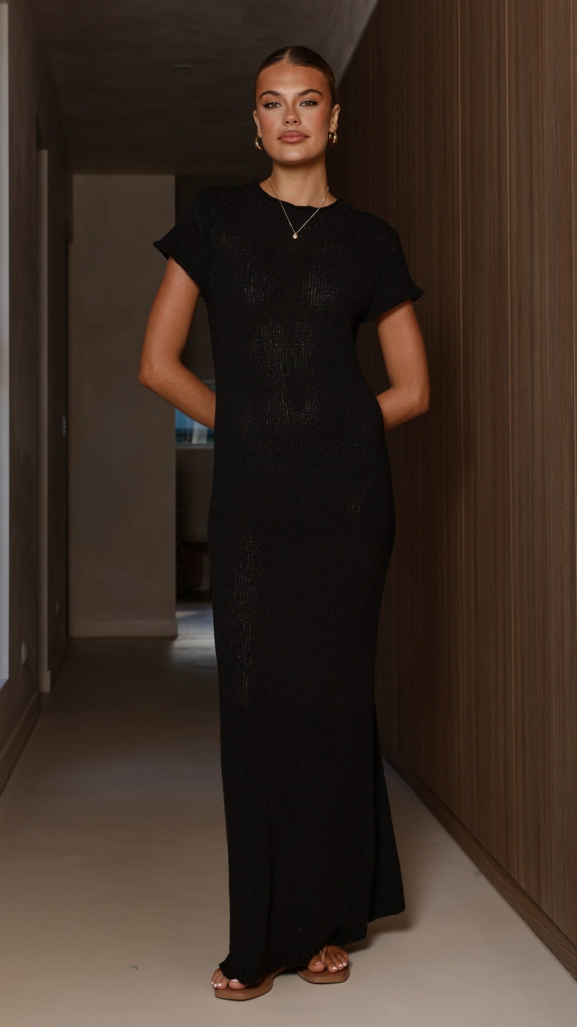Valise Stretch Knit Maxi Dress with Ribbed Neckline – Black – view 1
