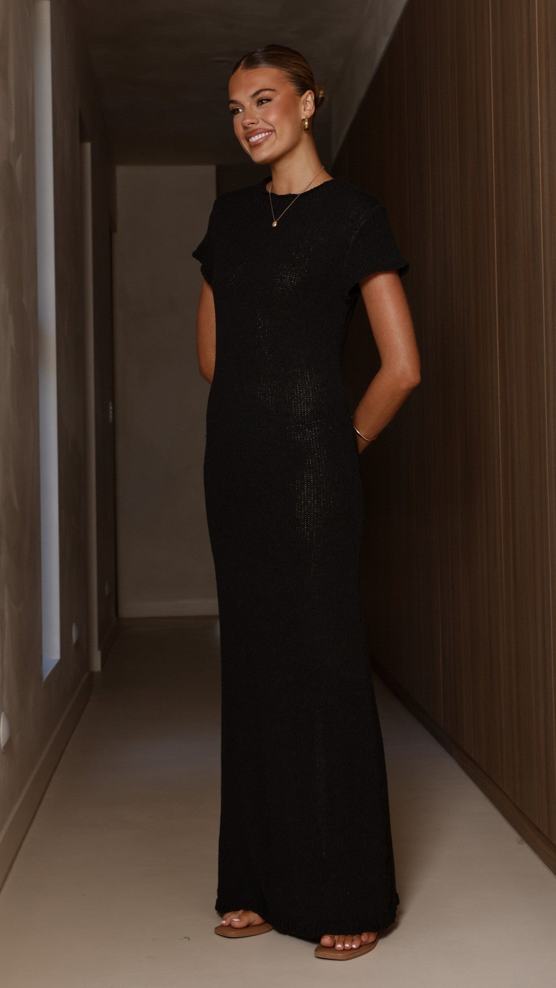 Valise Stretch Knit Maxi Dress with Ribbed Neckline – Black – view 3