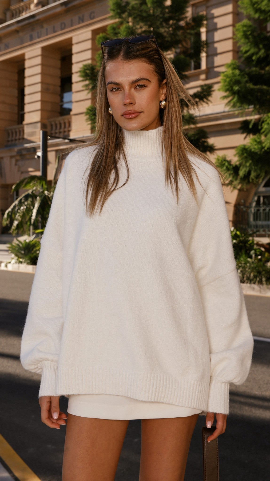 Harita High Neck Balloon Sleeve Oversized Knit Jumper – White – view 13