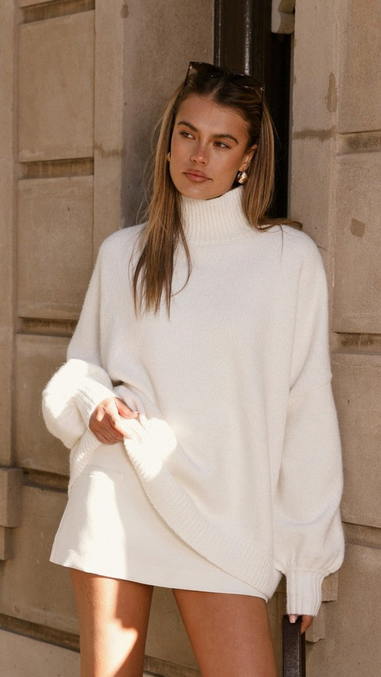 Harita High Neck Balloon Sleeve Oversized Knit Jumper – White