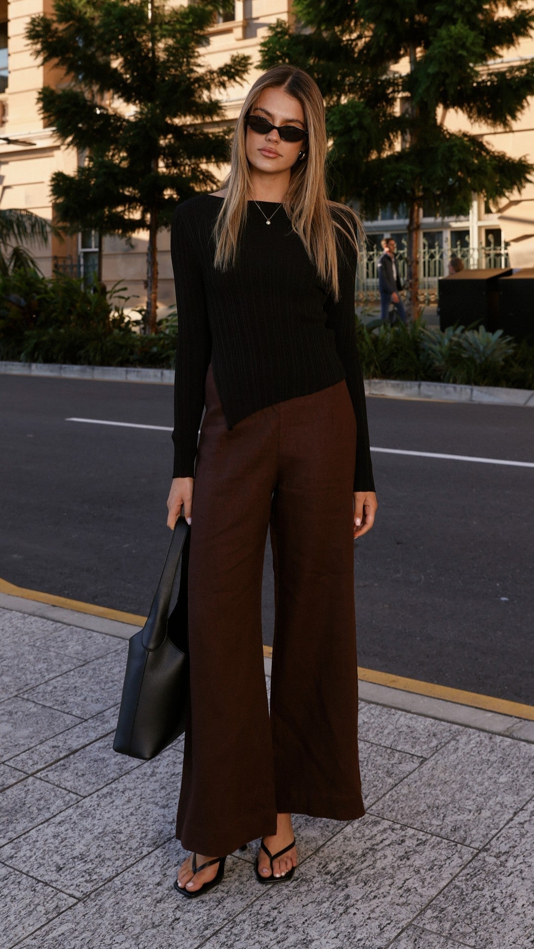 Isla High Neck Long Sleeve Top with Asymmetric Hem – Black