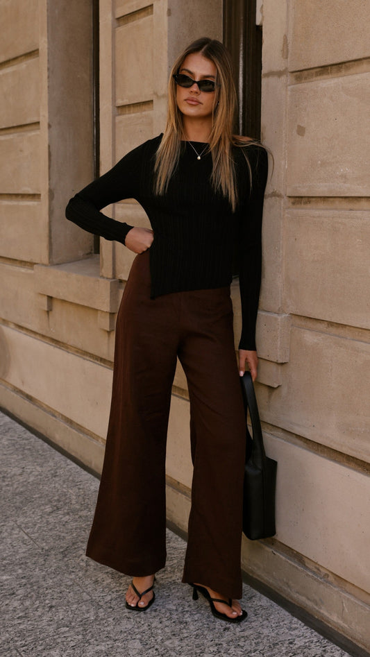 Isla High Neck Long Sleeve Top with Asymmetric Hem – Black