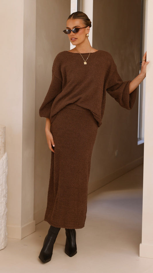 Cohen Elasticated Waist A-Line Knit Midi Skirt – Chocolate – view 2