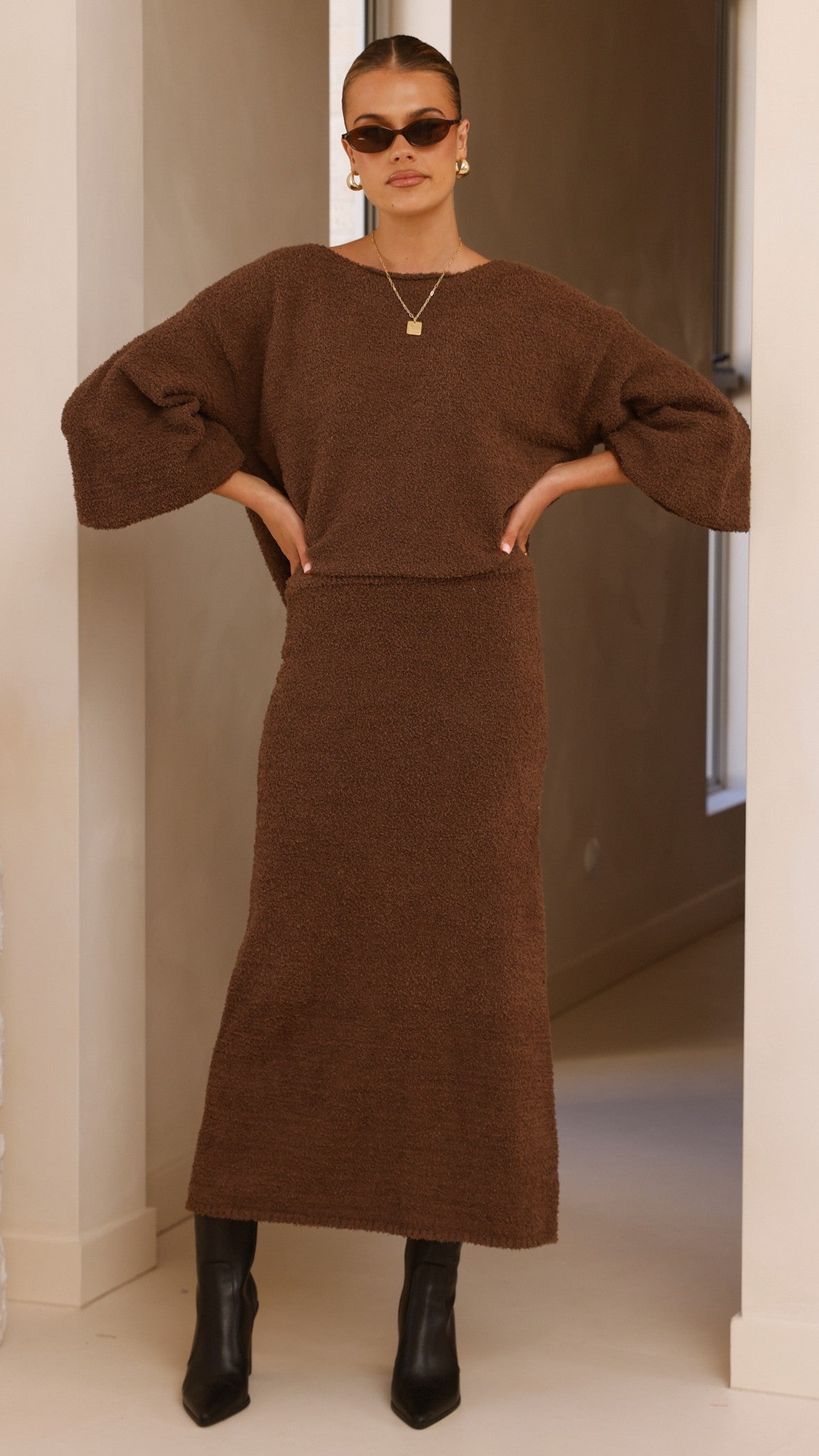 Cohen Elasticated Waist A-Line Knit Midi Skirt – Chocolate – view 10