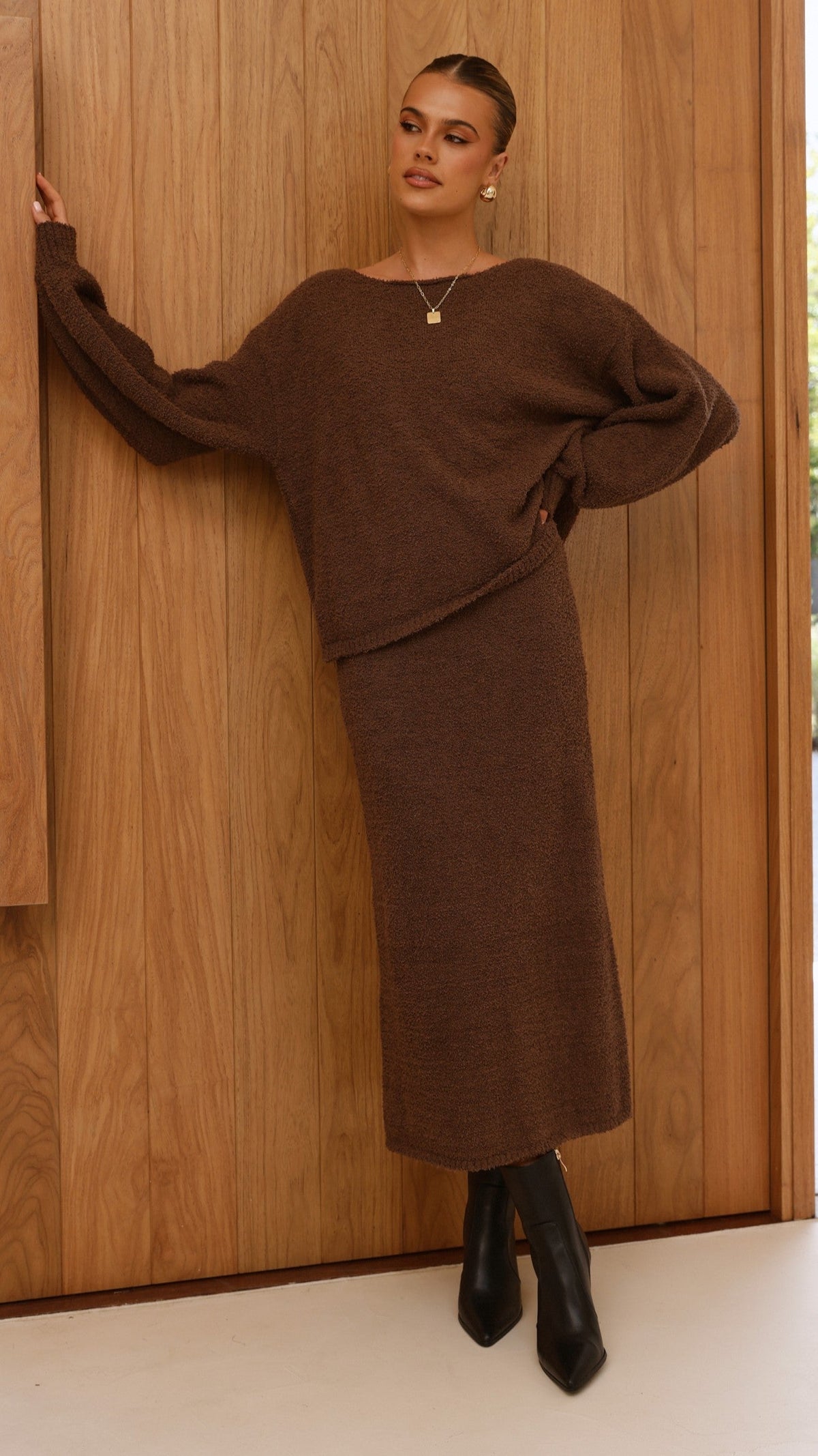 Cohen Elasticated Waist A-Line Knit Midi Skirt – Chocolate – view 7
