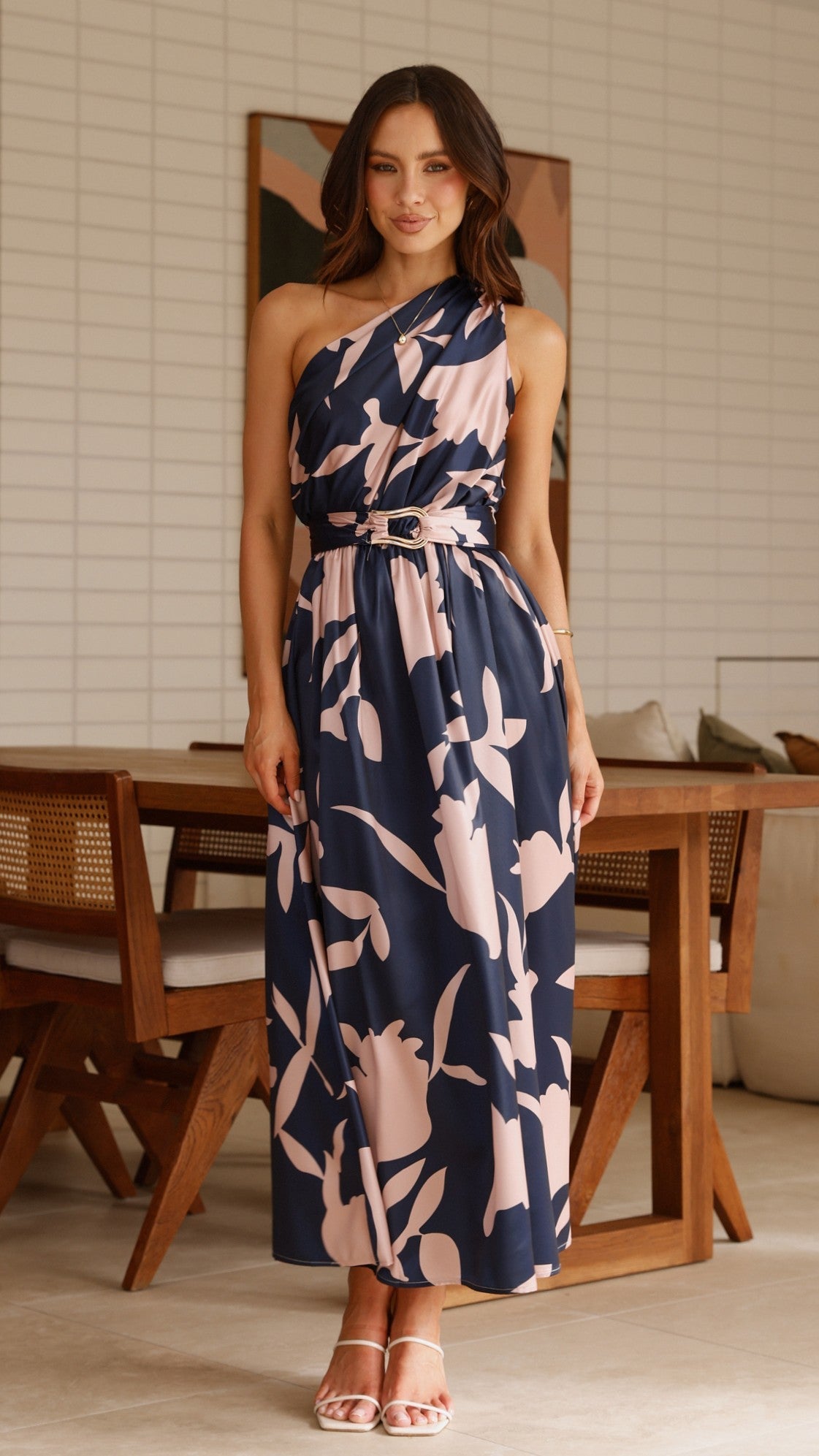 Hadas One Shoulder Belted Maxi Dress – Navy/Pink Print – view 16