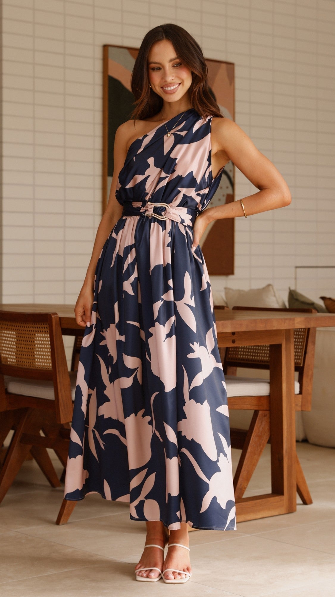Hadas One Shoulder Belted Maxi Dress – Navy/Pink Print
