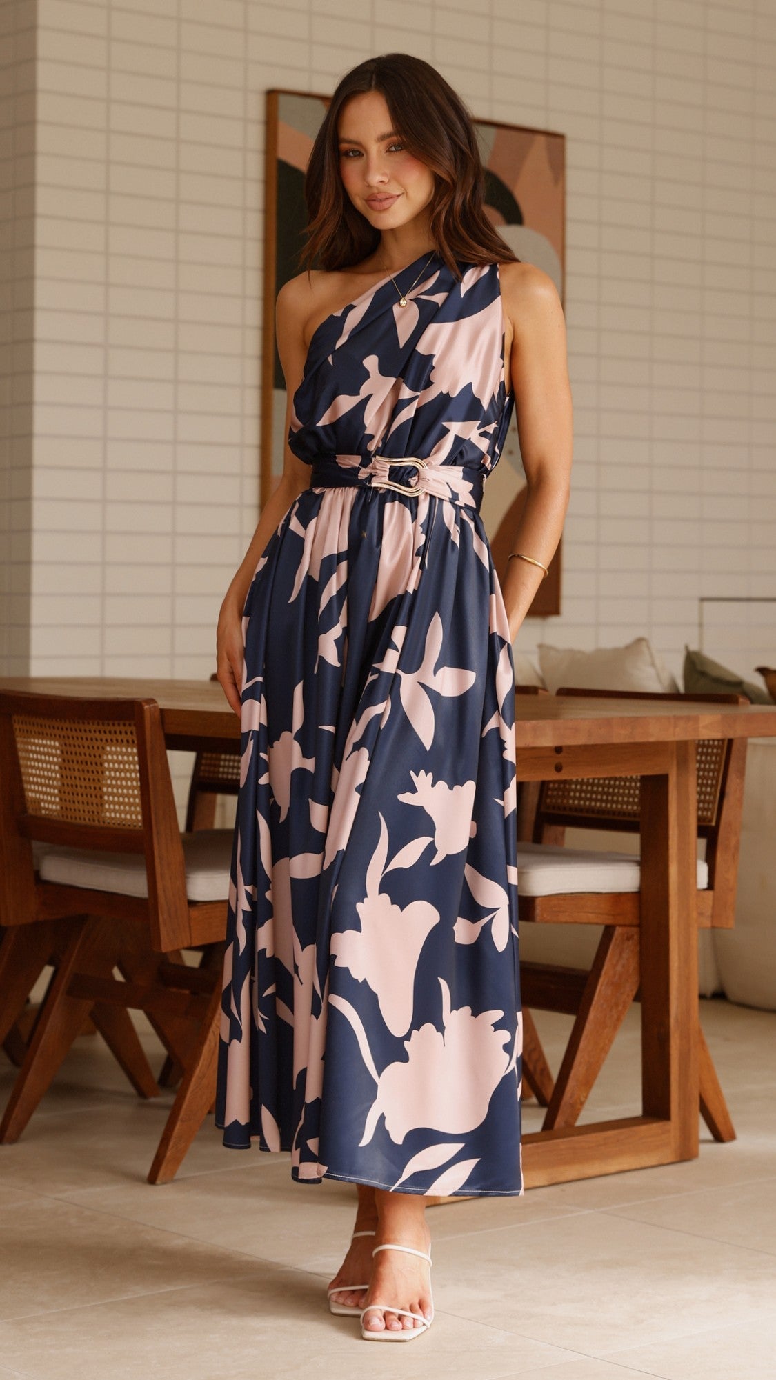 Hadas One Shoulder Belted Maxi Dress – Navy/Pink Print – view 7