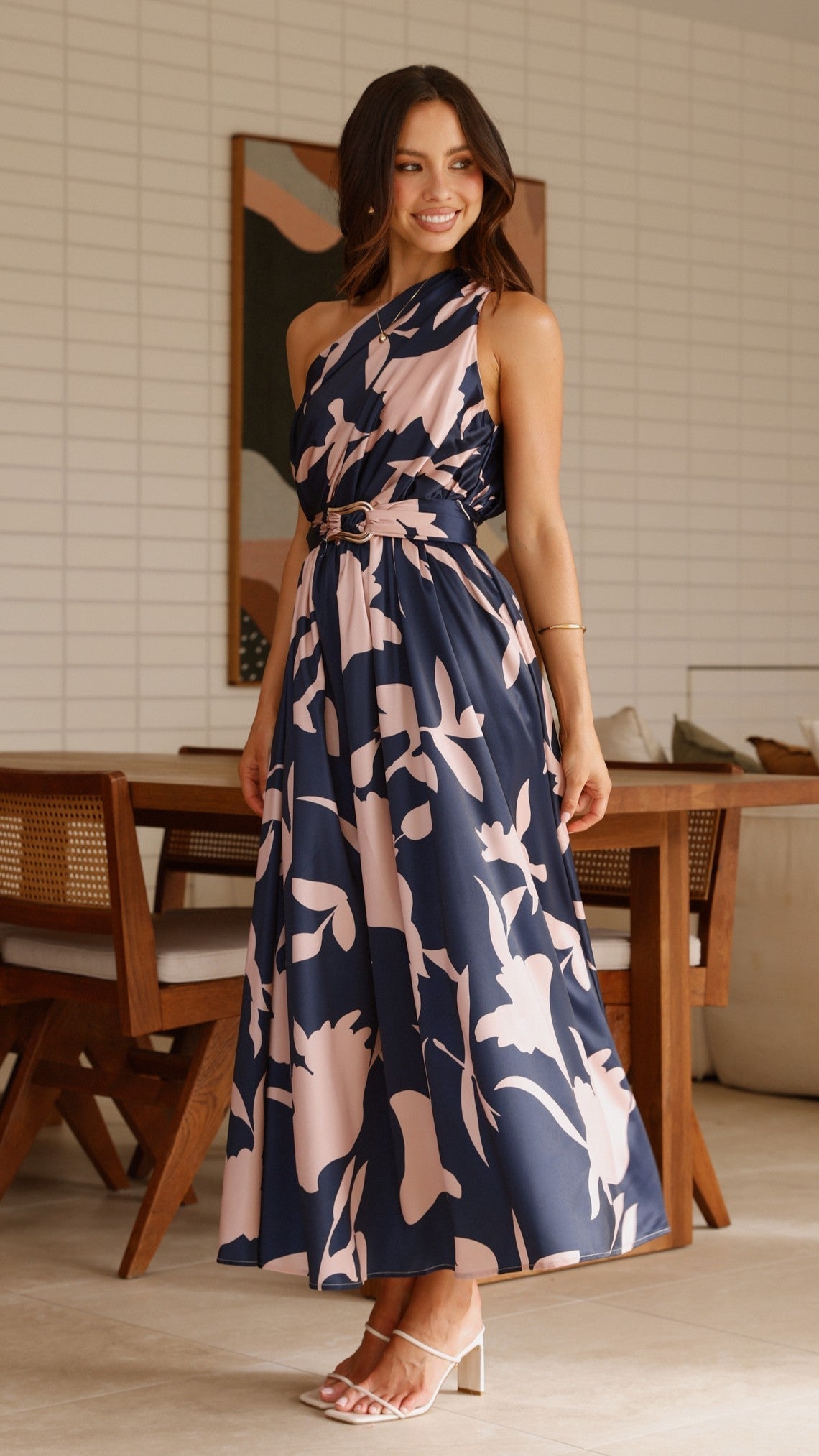 Hadas One Shoulder Belted Maxi Dress – Navy/Pink Print – view 12