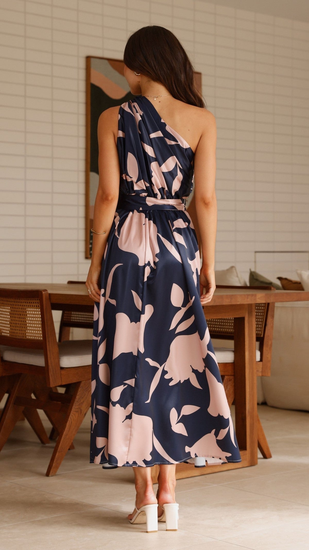 Hadas One Shoulder Belted Maxi Dress – Navy/Pink Print – view 9