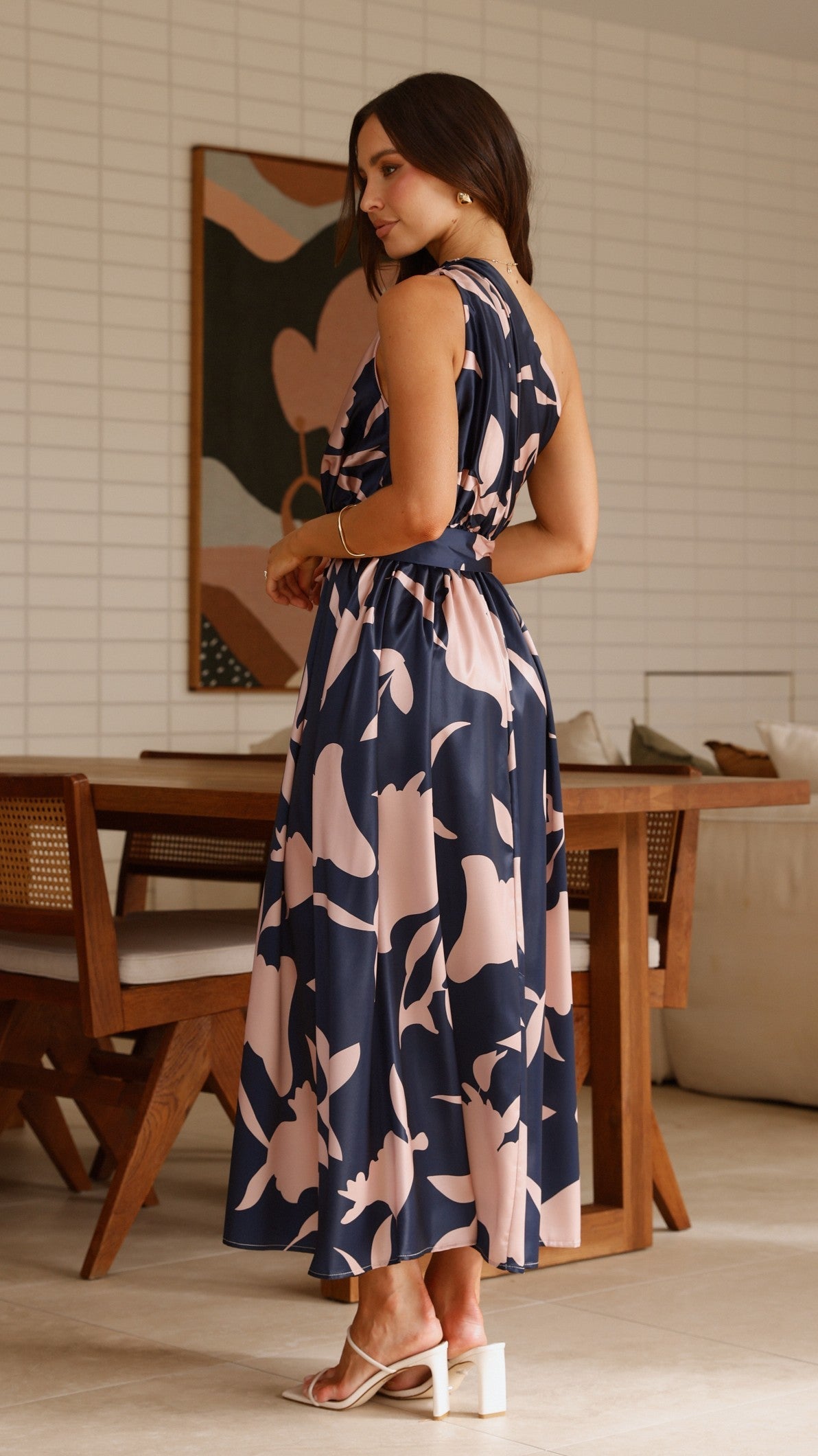 Hadas One Shoulder Belted Maxi Dress – Navy/Pink Print – view 13