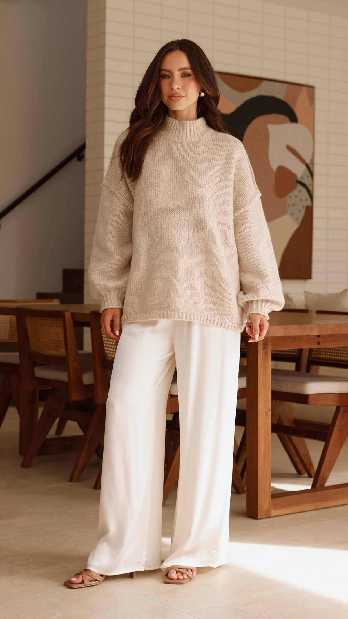 Savanna Ribbed High Neck Exposed Stitch Longline Jumper – Beige – view 7