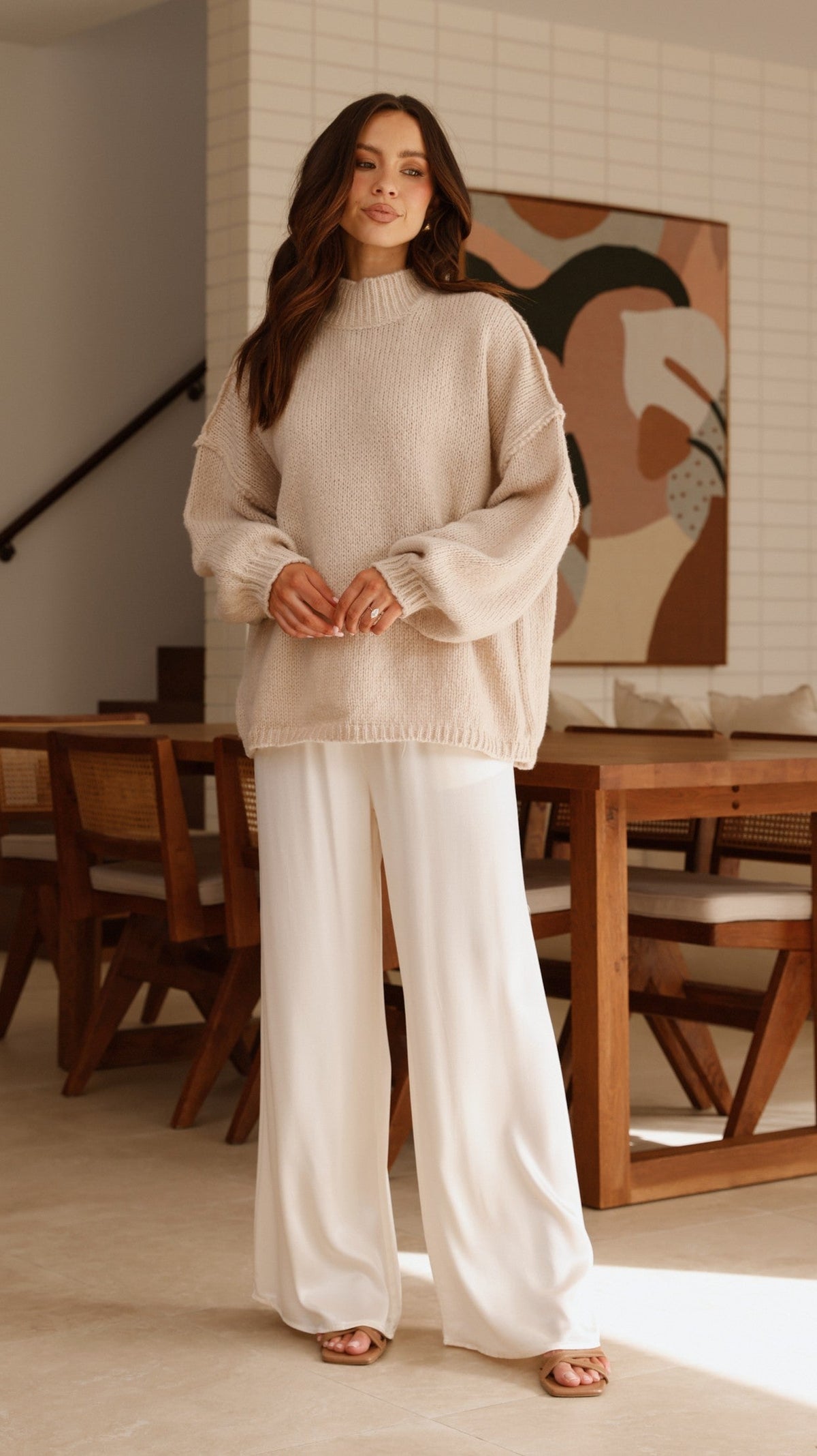 Savanna Ribbed High Neck Exposed Stitch Longline Jumper – Beige – view 8