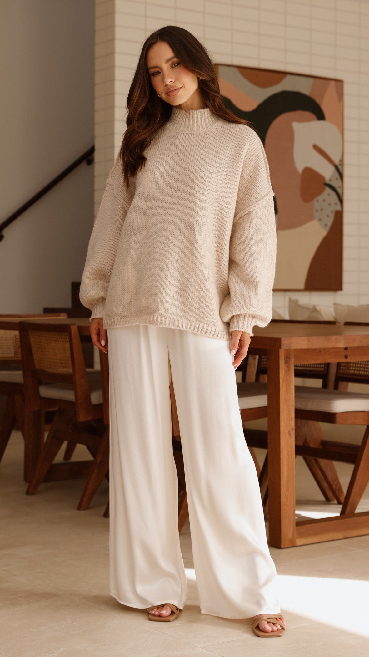 Savanna Ribbed High Neck Exposed Stitch Longline Jumper – Beige – view 10