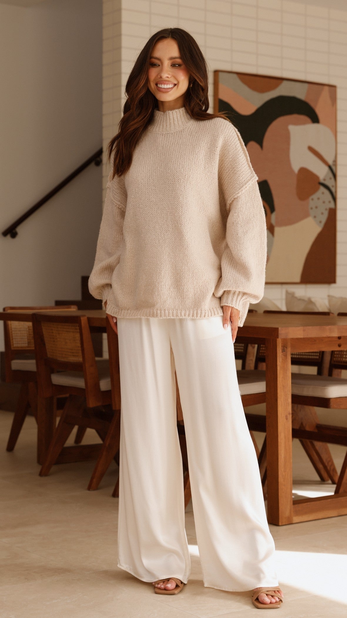 Savanna Ribbed High Neck Exposed Stitch Longline Jumper – Beige – view 2