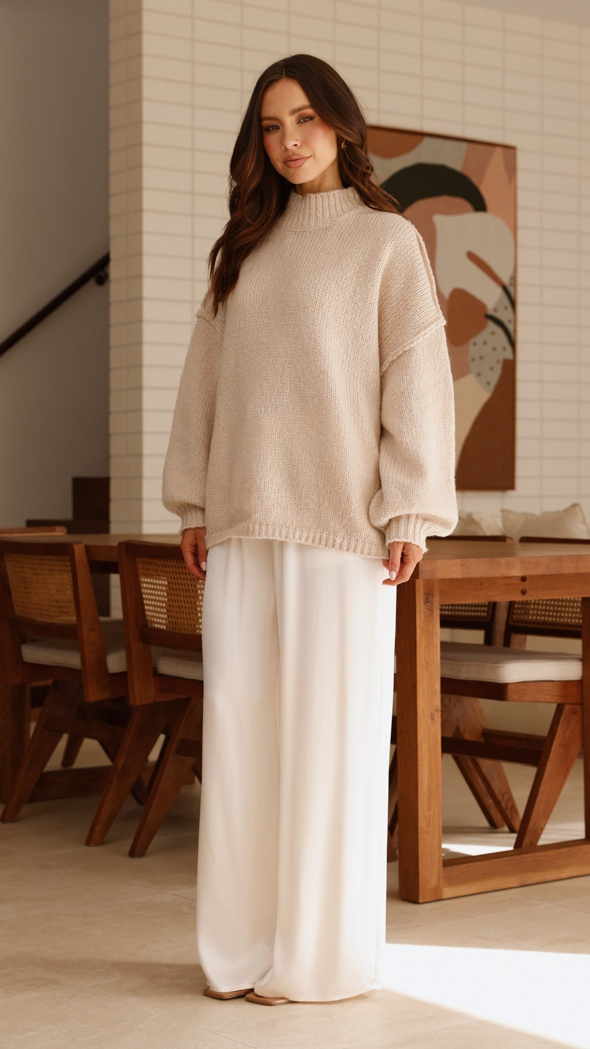 Savanna Ribbed High Neck Exposed Stitch Longline Jumper – Beige – view 3