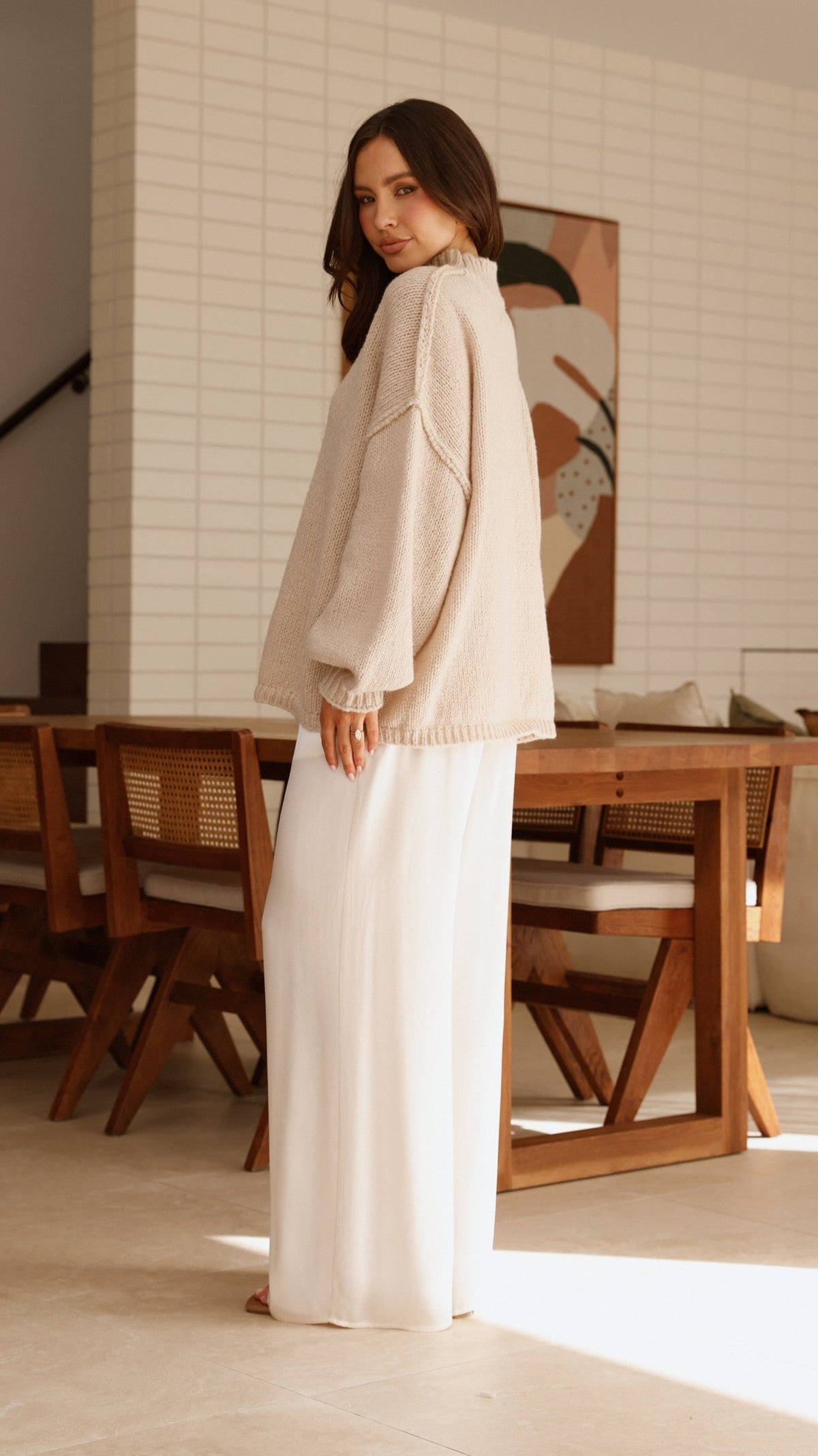 Savanna Ribbed High Neck Exposed Stitch Longline Jumper – Beige – view 4