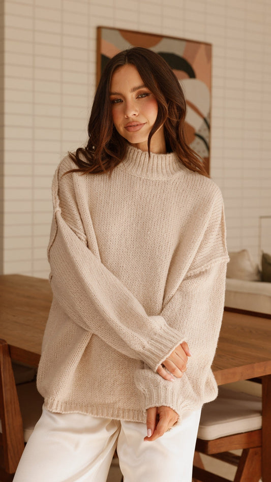 Savanna Ribbed High Neck Exposed Stitch Longline Jumper – Beige