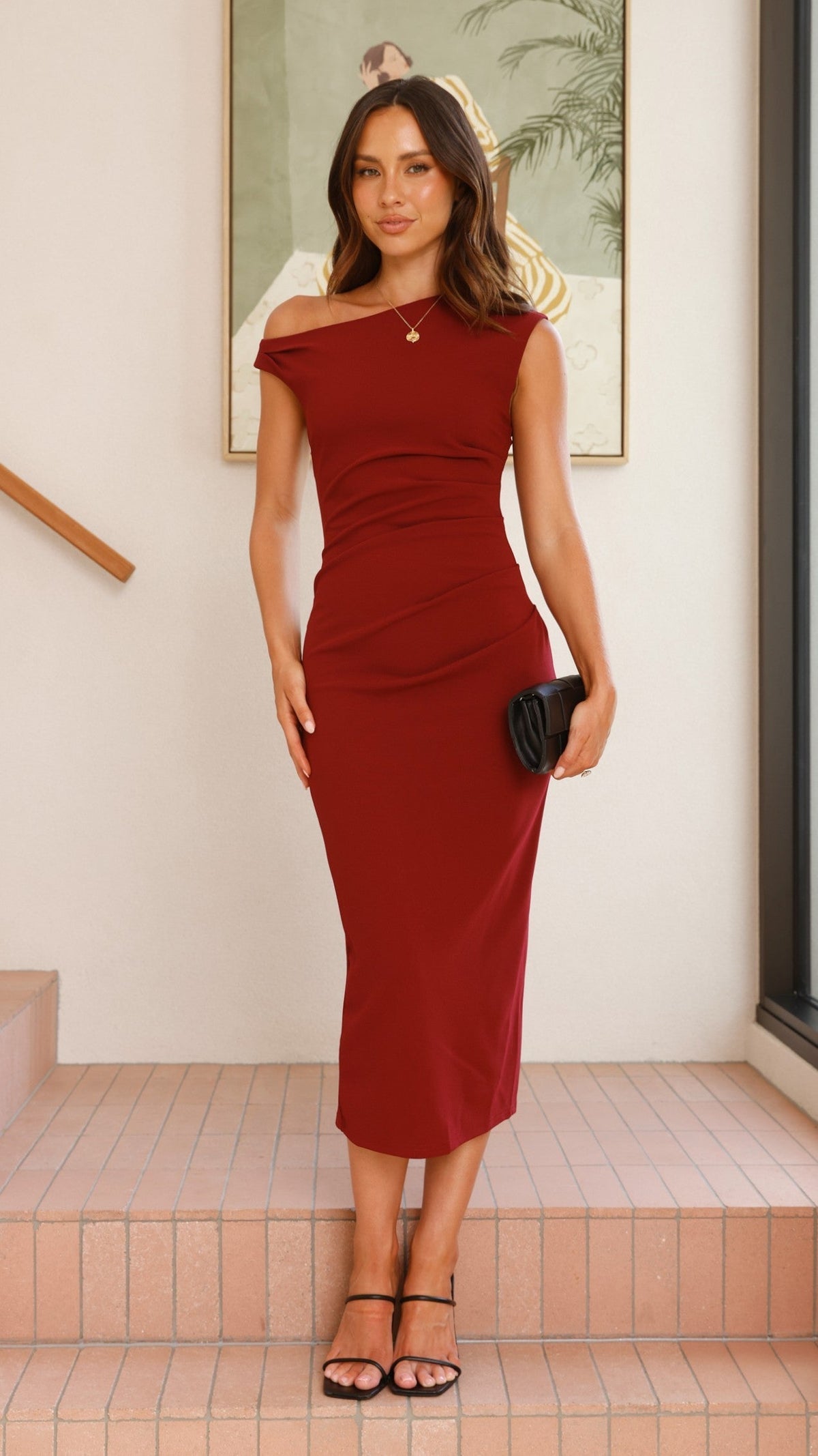 Lilah Asymmetric Neck Sleeveless Midi Dress with Side Gathers – Wine – view 4
