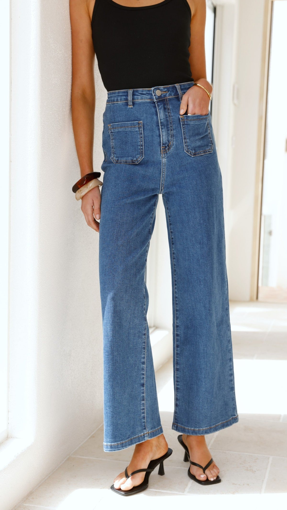 Macadrian High Waisted Stretch Cotton Jeans – Mid Blue Denim – view 8