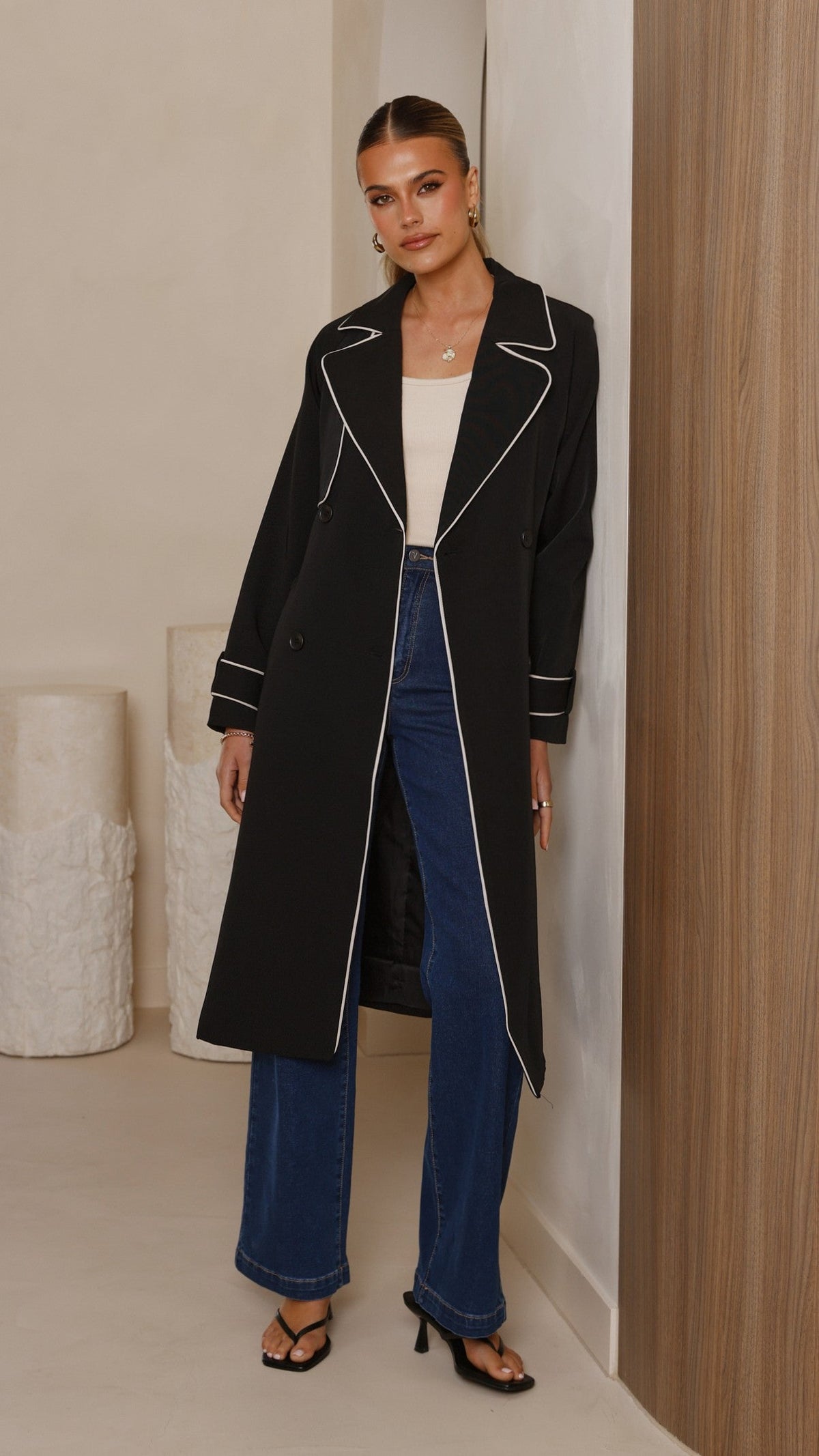 Blanca Oversized Longline Trench Coat with Waist Tie – Black – view 3
