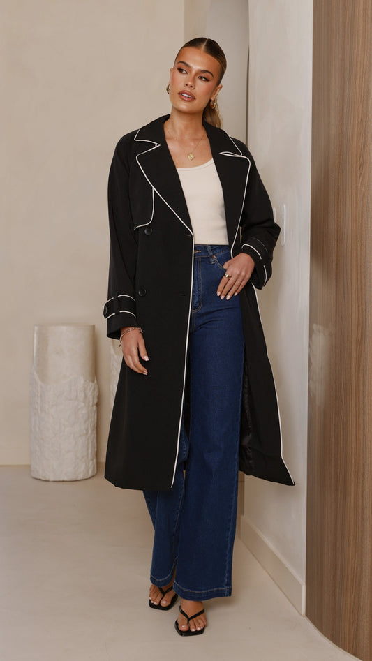 Blanca Oversized Longline Trench Coat with Waist Tie – Black