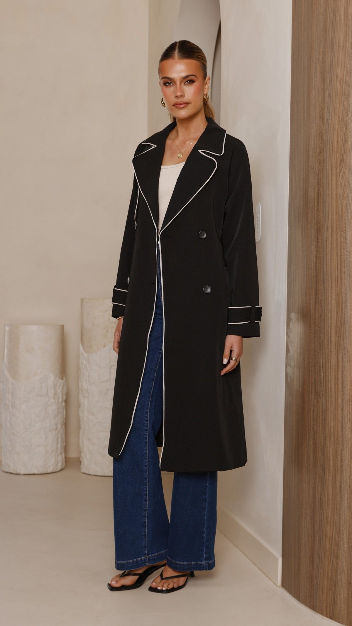 Blanca Oversized Longline Trench Coat with Waist Tie – Black