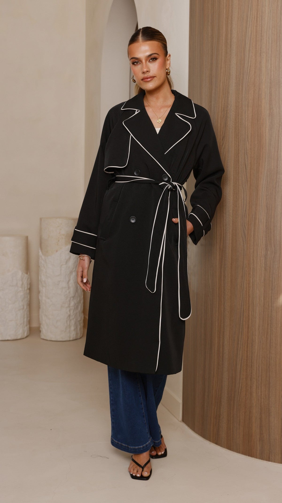 Blanca Oversized Longline Trench Coat with Waist Tie – Black – view 2