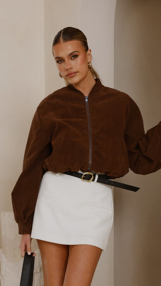 Sloane Suede-Effect Balloon Sleeve Bomber Jacket – Dark Chocolate