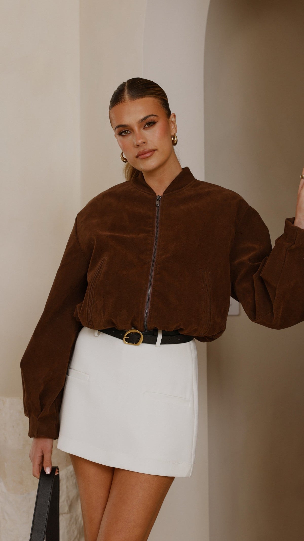 Sloane Suede-Effect Balloon Sleeve Bomber Jacket – Dark Chocolate – view 12
